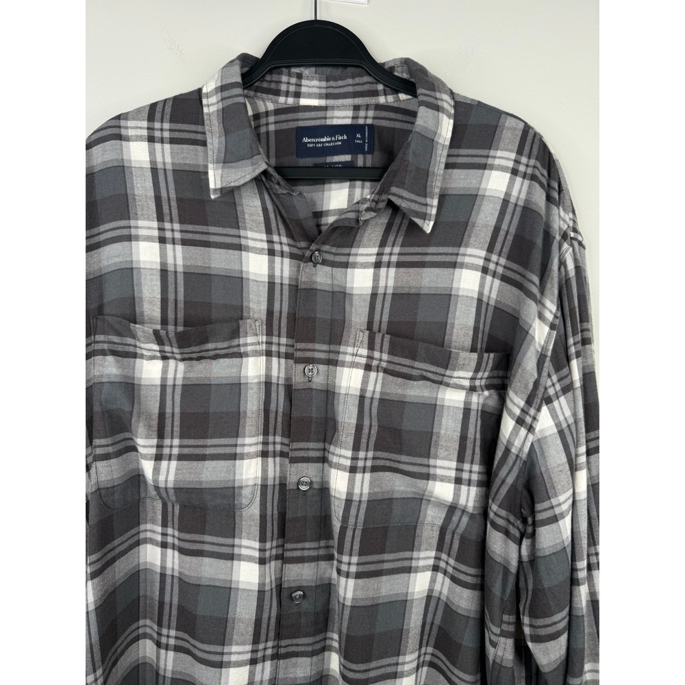 Abercrombie & Fitch Mens XL Tall Relaxed Grey Plaid Flannel Button Up Shirt